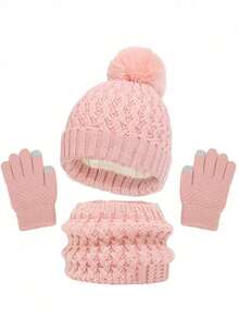 4 件套儿童针织绒球冬帽、围巾和手套套装，女童男童幼儿保暖针织连帽围脖套装 - 彩色 - 查看 14