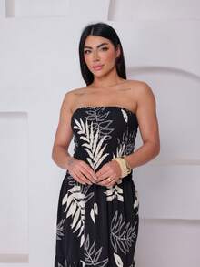 Women's Long Lastex Strapless Dress With Leaf Print - 黑色 - 查看 6