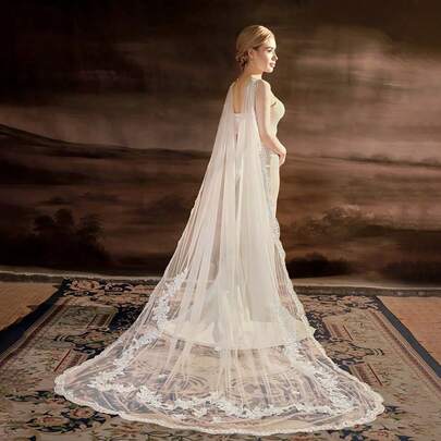 1pc Vintage Lace Trim Extra Long Bridal Cape/Cloak, Wedding Dress Accessory
