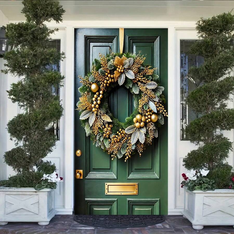 1 Stück Festlicher Goldener Weihnachtskranz, ein luxuriöser Kranz-Dekor mit zarten goldenen Beeren- und Blattdetails, ein auffallender Türhänger, geeignet für Haustüren, Veranda-Dekorationen und Party-Hintergründe, perfekt für Weihnachtsfeiern, Feiertage und winterliche Festlichkeiten (90x180cm).