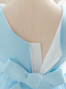 Baby Girls V-Neck 3D Floral Embroidered Mesh Princess Dress, Suitable For Birthday Party, Flower Girl, Wedding, Without Headband