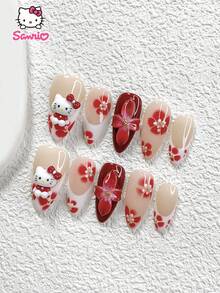 Sanrio Juego de 10 uñas francesas rojas de Sanrio, pegatinas 3D de Hello Kitty, uñas postizas de otoño e invierno, dijes de flores de cinco pétalos hechos a mano, uñas falsas lindas, gel de uñas rojo, disponible en 3 tamaños, uñas de almendra, uñas de pato, uñas de ataúd, incluye herramientas para uñas (1 hoja de pegatinas de gelatina + 1 lima de uñas) adecuado para otoño, invierno, uso diario, fiesta