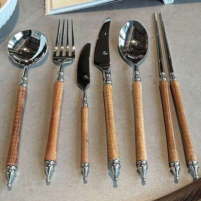 Set di posate in acciaio inossidabile con manico in finta grana del legno, stile coreano con cucchiaio e forchetta dal manico lungo, elegante cucchiaino da dessert