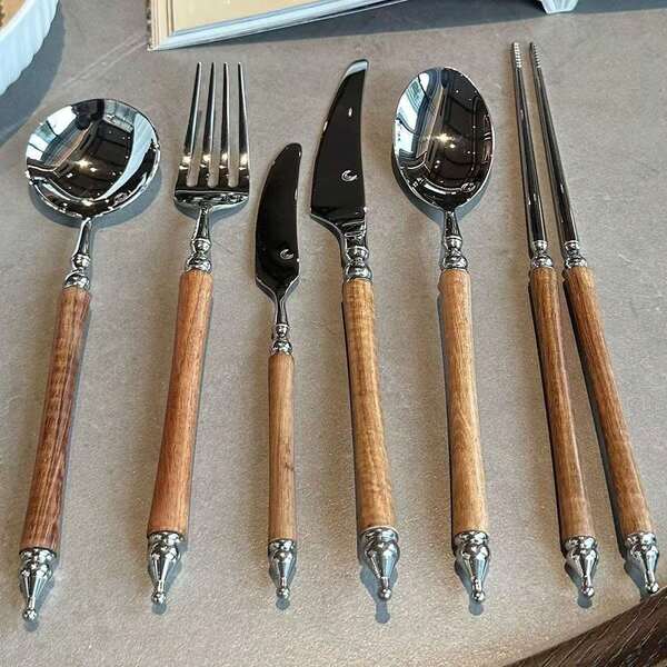 Juego de cubiertos de acero inoxidable con mango de grano de madera, cuchara y tenedor de estilo coreano con mango largo, elegante cuchara de postre