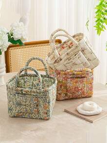 1 件花卉印花绗缝收纳篮大容量便携式中型收纳袋可折叠零食篮带手柄适用于女士和女孩化妆品收纳篮玩具收纳篮护肤品收纳篮女士化妆品收纳多功能收纳篮化妆品收纳盒家居装饰客厅卧室装饰浴室装饰，生日礼物圣诞礼物 - 彩色 - 查看 2