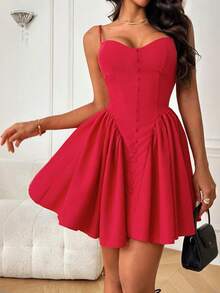 WOWDARK Women's Autumn Button Design Camisole A-Line Dress Petite - 紅色 - 查看 2