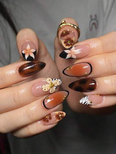 24 Pieces Of Press On Acrylic Nails, Floral 3D Brown Gradient Color Coverage On Almond-Shaped Nails. Suitable For Ladies And Girls' Parties And Daily Wear. The Product Contains A Piece Of Jelly Glue And A Nail File.