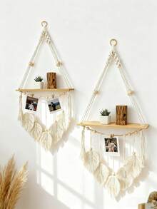 1 pieza Estantería de pared colgante tejida a mano con hojas, decoración bohemia, estante flotante de madera, adecuado para baño, dormitorio, sala de estar, sin clips incluidos - Multicolor - Ver 11