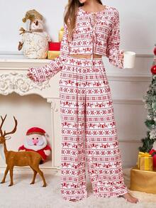 2 piezas Conjunto de pijama de mujer casual con gráfico de Feliz Navidad y Año Nuevo, de punto con cordón, de manga larga y pantalones, adecuado para uso en casa, otoño/todo el año, ropa de invierno - Rojo - Ver 5