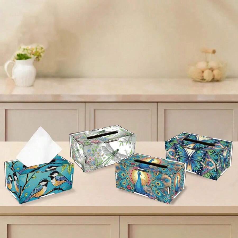 1 pieza Juego de caja de pañuelos con arte de pintura de diamantes, con patrones de pájaro, libélula, mariposa y pavo real. Juego de mosaico de diamantes de forma especial hecho a mano para decoración del hogar moderna para sala de estar, comedor y mesa.
