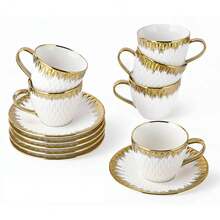 6件套咖啡杯碟套装，金边咖啡杯碟套装，陶瓷浓缩咖啡杯碟套装，小号卡布奇诺杯碟套装，瓷质双份浓缩咖啡杯套装，金边陶瓷土耳其咖啡杯，6件套茶杯套装，法压咖啡杯，摩卡咖啡杯，拿铁咖啡杯，白色