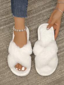 Women's Fashionable Fluffy Slippers, Cross Striped Fluffy Slippers, Soft And Lightweight Indoor Home Slippers, Quiet Carpet Slippers, Open Toed Slippers - White - View 2