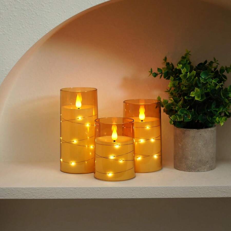 Homemory Set Of 3 Gold LED Flameless Candles, Battery Operated Candles With Embedded Fairy Lights, Acrylic Fake Candles With Remote And Timer For Wedding Home Decor, - 金色 - 查看 1