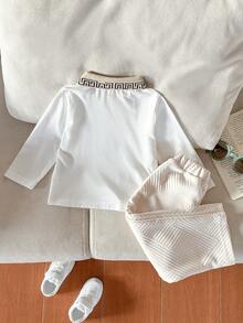 两件套男婴 Polo 衫和裤子套装，长袖，有领，休闲运动装，春秋季 - 白色 - 查看 2