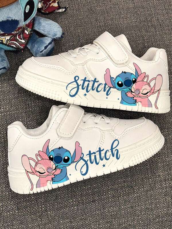 1 Pair Kids Unisex Versatile Casual Hook And Loop White Sneakers, Comfortable Breathable Cartoon Embroidered Flat Student Shoes, Campus Style Flat Shoes, Fashion Casual Running Shoes, Suitable For Spring/Autumn (Please Choose Size Based On Actual Foot Length)