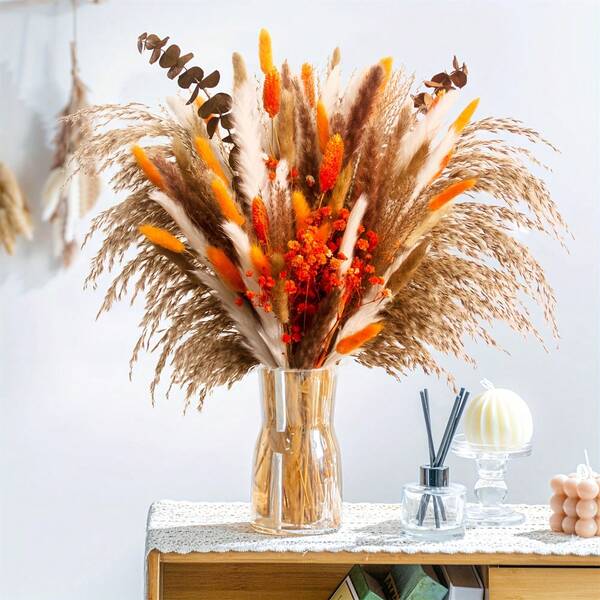 93 piezas de decoraciones de hierba de pampa seca - Ramo de hierba de pampa esponjosa de 17 pulgadas - Decoración del hogar bohemio, flores secas, flores artificiales para bodas, habitaciones, fiestas, mesas, decoración de otoño