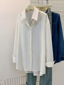 Elegant Women's Long Sleeve Button Up Shirt Blouse In Semi-Sheer White Polyester Featuring A Stylish Shirt Collar