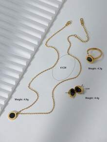 5 件欧美风格不锈钢手链、戒指、项链、耳环首饰套装，时尚日常佩戴 - 金色 - 查看 11