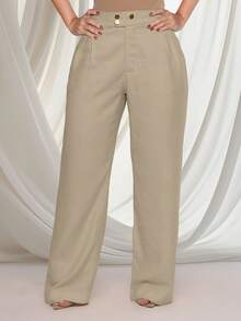 Women's High Waisted Elastic Waist Wide Leg Pants With Pockets Elegant Formal Wear - Màu be - Xem 11