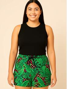 Women's Plus Size Short Set With Belt And Blouse, Cold Knit, Great Elasticity, Fits Up To 46 - 黑色 - 查看 1