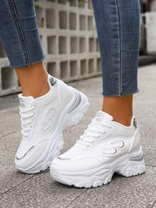 Plus Size Women's 35-42 Spring/Autumn New Chunky Sneakers, Mesh Breathable Platform High-Top Casual Shoes, Lightweight Versatile Fashion Sneakers, Lace-Up, White, Gold, Silver, Green, Casual Running Shoes