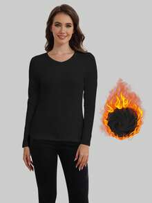 Women's Thermal Underwear V-Neck Long Sleeve Thermal Lined Autumn/Winter Base Layer Top, Warm Sleepwear - Black - View 13