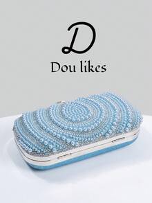 优雅的泪珠蓝珍珠晚装手拿包，适合旗袍的高端订婚手提包，配有金属链，优雅的女士派对手拿包适合舞会、婚礼、毕业舞会、正式晚宴/宴会，完美搭配女士毕业舞会礼服、毕业舞会配饰、亮片礼服、闪亮礼服、女士优雅礼服。 - 藍色 - 查看 5