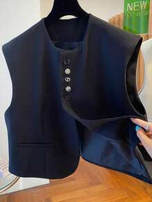 New Sleeveless Blazer-Style Loose Vest Coat For Spring And Summer. - Black - View 8
