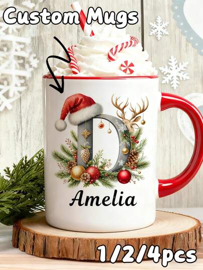 1/2/4 pezzi Tazza personalizzata con testo personalizzato - Tazza di Natale personalizzata con nome/iniziale personalizzata, tazza da festa ideale come regalo di Natale per colleghi/amici/amanti/famiglia, tazza da caffè con lettera personalizzata perfetta per bevande calde quotidiane (caffè/tè/cioccolata calda), set di tazze personalizzate 1/2/4 pezzi per soddisfare diverse esigenze (uso singolo/condivisione di coppia/raduni familiari)