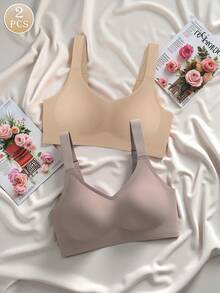 Set de 2 sujetadores deportivos minimalistas y cómodos para mujeres, sin cables, de unicolor - Multicolor - Ver 2
