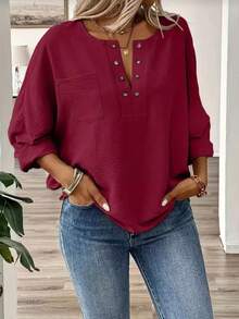 Plus Size Casual Solid Color Pocket Batwing Sleeve Shirt - Burgundy - View 1