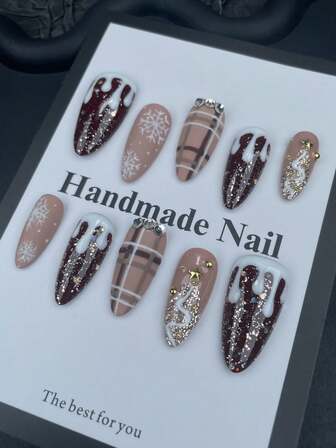 10 件圣诞指甲可爱红色中号杏仁形亚克力指甲套装，手绘雪花和圣诞树 Y2K 闪光镀铬指甲条纹法式假指甲套装指甲用品冬季指甲假指甲适合女孩和女士万圣节