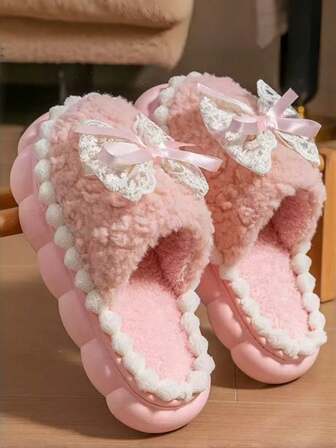 女士蝴蝶结家居拖鞋，时尚新款秋冬保暖可爱毛绒室内拖鞋，非舒适型卧室拖鞋