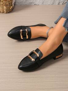 女式学院风商务按扣纯金属休闲舒适平底乐福鞋，黑色 - 黑色 - 查看 5