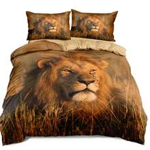 Conjunto de capa de edredom com retrato de leão fotorrealista impresso em 3D, 2/3 peças, com tema de arte da vida selvagem, conjunto de capa de edredom de microfibra, conjunto de cama com textura detalhada para decoração e eventos inspirados na natureza (tamanho 135 x 200, apenas 1 fronha)
