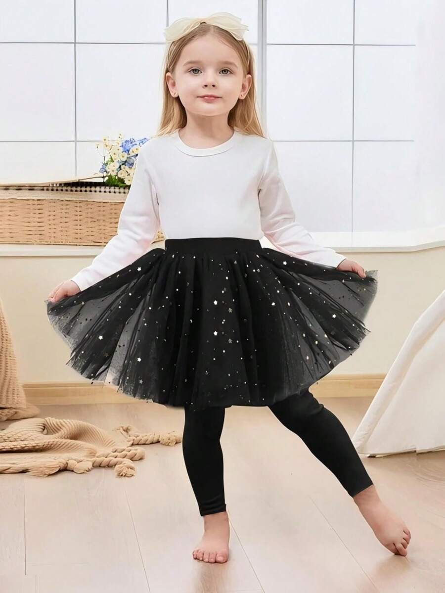 春秋女童蕾丝薄纱裙打底裤，韩版亮片星星图案打底裤裙