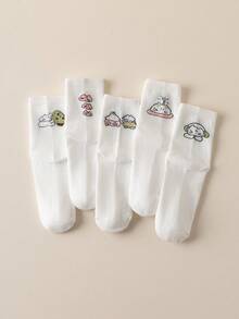 5 Pairs Women's Autumn Mid-Calf Socks, Cute Animal Design, Versatile White Socks, Skin-Friendly Soft & Breathable