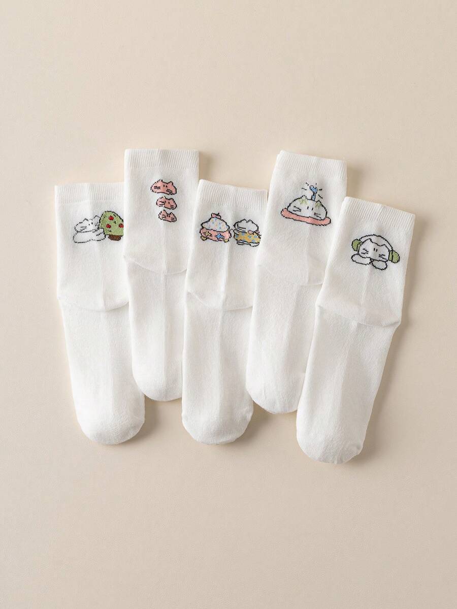 5 Pairs Women's Autumn Mid-Calf Socks, Cute Animal Design, Versatile White Socks, Skin-Friendly Soft & Breathable