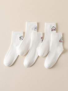 5 Pairs Women's Autumn Mid-Calf Socks, Cute Animal Design, Versatile White Socks, Skin-Friendly Soft & Breathable
