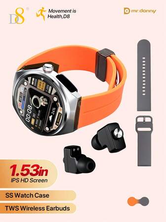  Reloj inteligente D8 con auriculares, adecuado para hombres y mujeres, pantalla táctil HD de 1.53 pulgadas, efectos de sonido 9D, talla grande de 100 monitores de fitness y sueño, micrófono de grabación, nuevo estilo de diseño (responder/hacer llamadas), notificación de mensajes, compatible con teléfonos Android e iOS, adecuado para actividades al aire entusiastas del fitness Reloj inteligente D8