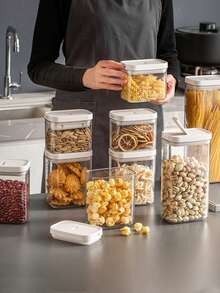 1pc/2pcs Food Storage Canister, Kitchen Grain Storage Jar, Refrigerator Fresh-Keeping Box, Kitchen Food Storage Container, Suitable For Storing Spices, Sugar, Coffee Beans, Nuts, Snacks, Pasta And Other Foods, Home Decor Storage, Suitable For Christmas, Halloween, Thanksgiving And Other Occasions. - White - View 4