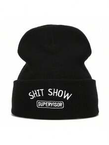 街頭風格圖案針織帽，純色休閒骷髏帽，輕盈針織帽，適用於女性男性秋冬季戴。 - 黑色 - 查看 1