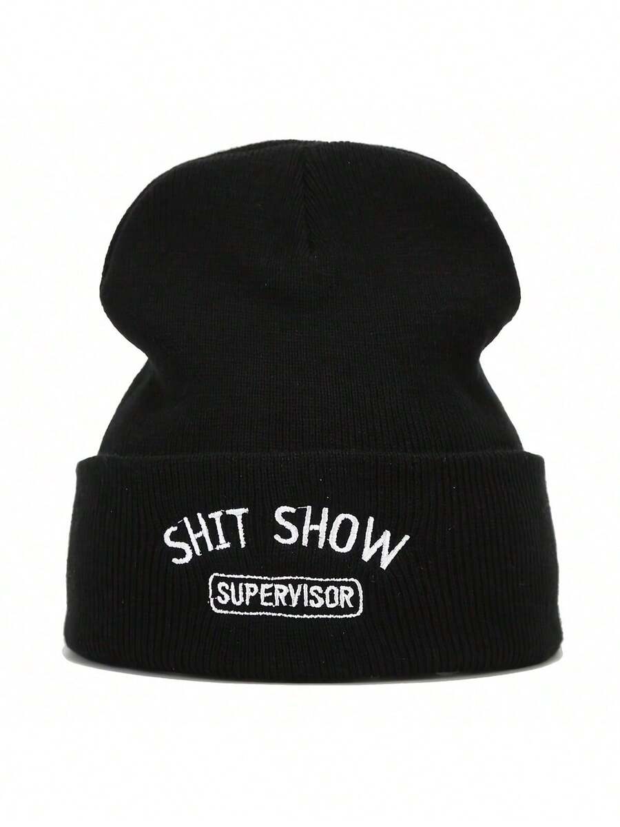 街頭風格圖案針織帽，純色休閒骷髏帽，輕盈針織帽，適用於女性男性秋冬季戴。 - 黑色 - 查看 1