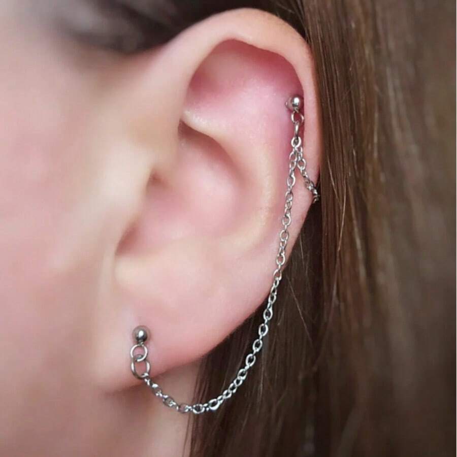 1 pieza Pendiente de cadena de acero inoxidable de cartílago de hélice a lóbulo. Perforación de doble oreja