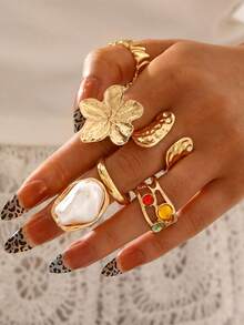 20 件优雅奢华派对风格淡紫色女士金色戒指套装，花卉仿珍珠，几何线条设计，适合日常、派对、节日、婚礼、时尚珠宝 - 款式8 - 查看 7