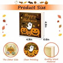 Halloween Fall Decor, Reversible Thanksgiving Decorations, Wooden Happy Halloween Sign With Pumpkin And Ghost, Thanksgiving Table Decor, Rustic Block Tiered Tray, Shelf, Mantel