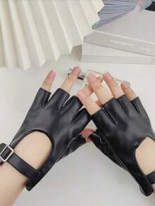 1 Pair Women's Personalized Fashion Holiday Dark Punk Rock Fingerless Gloves With Rivets Leather Inlays For Outdoor Music Festival Party - 黑色 - 查看 5