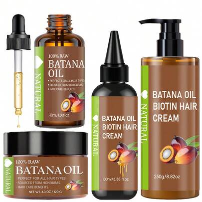 4 Packs Honduras Batana Hair Oil + Batana Hair Essential Oil + Batana Hair Cream + Batana Hair Milk, Pure Cold-Pressed Extract Moisturizes The Scalp And Hair Care, Contains Biotin, Strengthens Hair, Prevents Breakage And Split Ends, Suitable For All Hair Types, Makes Hair More Beautiful