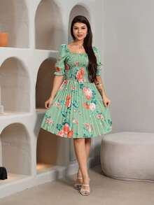 Vestido Curto Feminino estampado crepinho De Manga Curto Cintura Alta Plissada