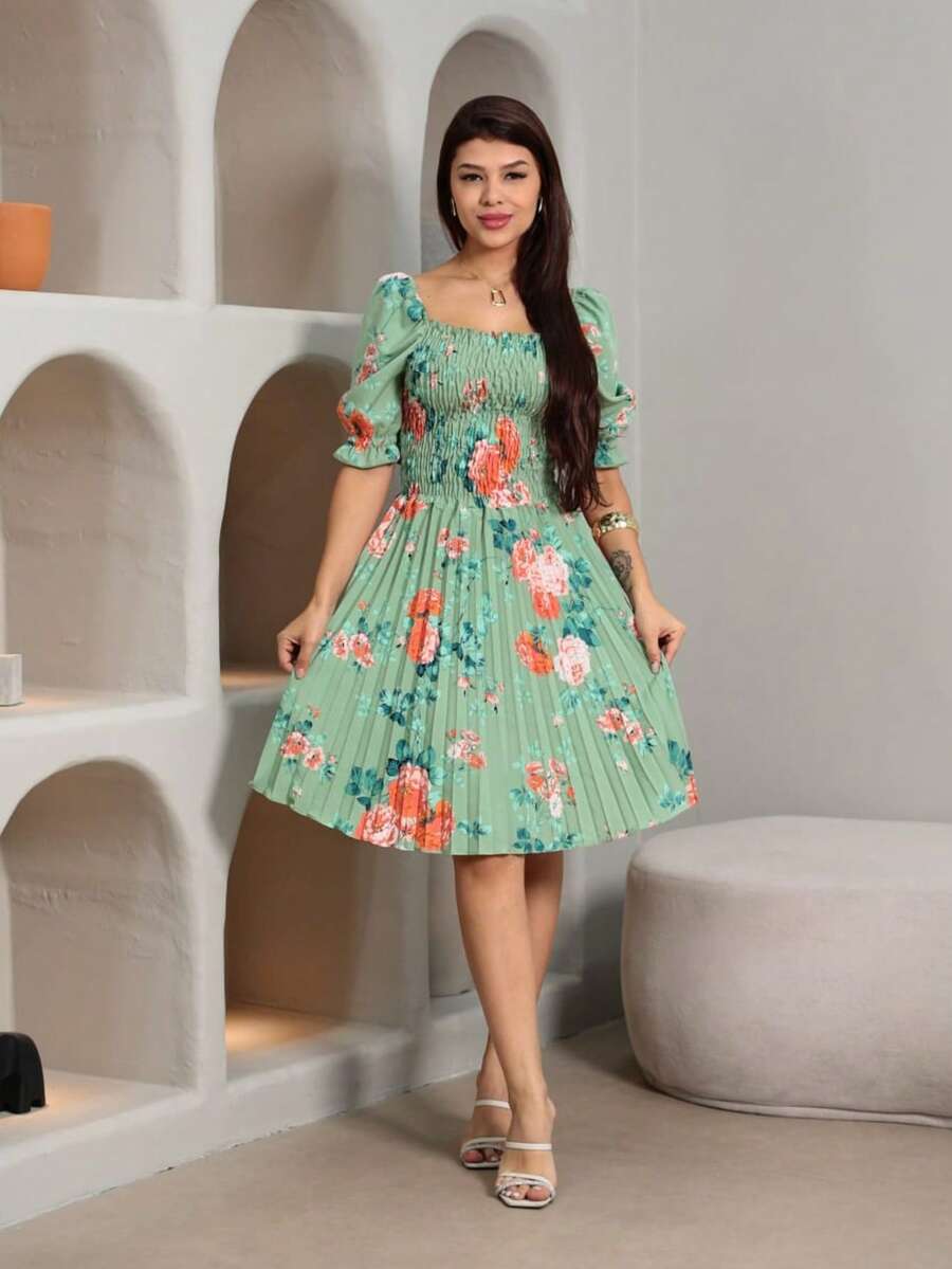 Vestido Curto Feminino estampado crepinho De Manga Curto Cintura Alta Plissada